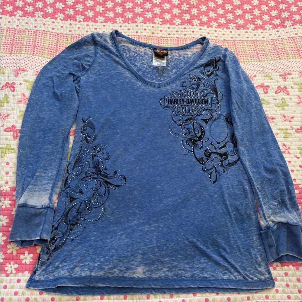 Harley Davidson Los Vegas Burnout Long Sleeve V-Neck TShirt -Rhinestones-Size L